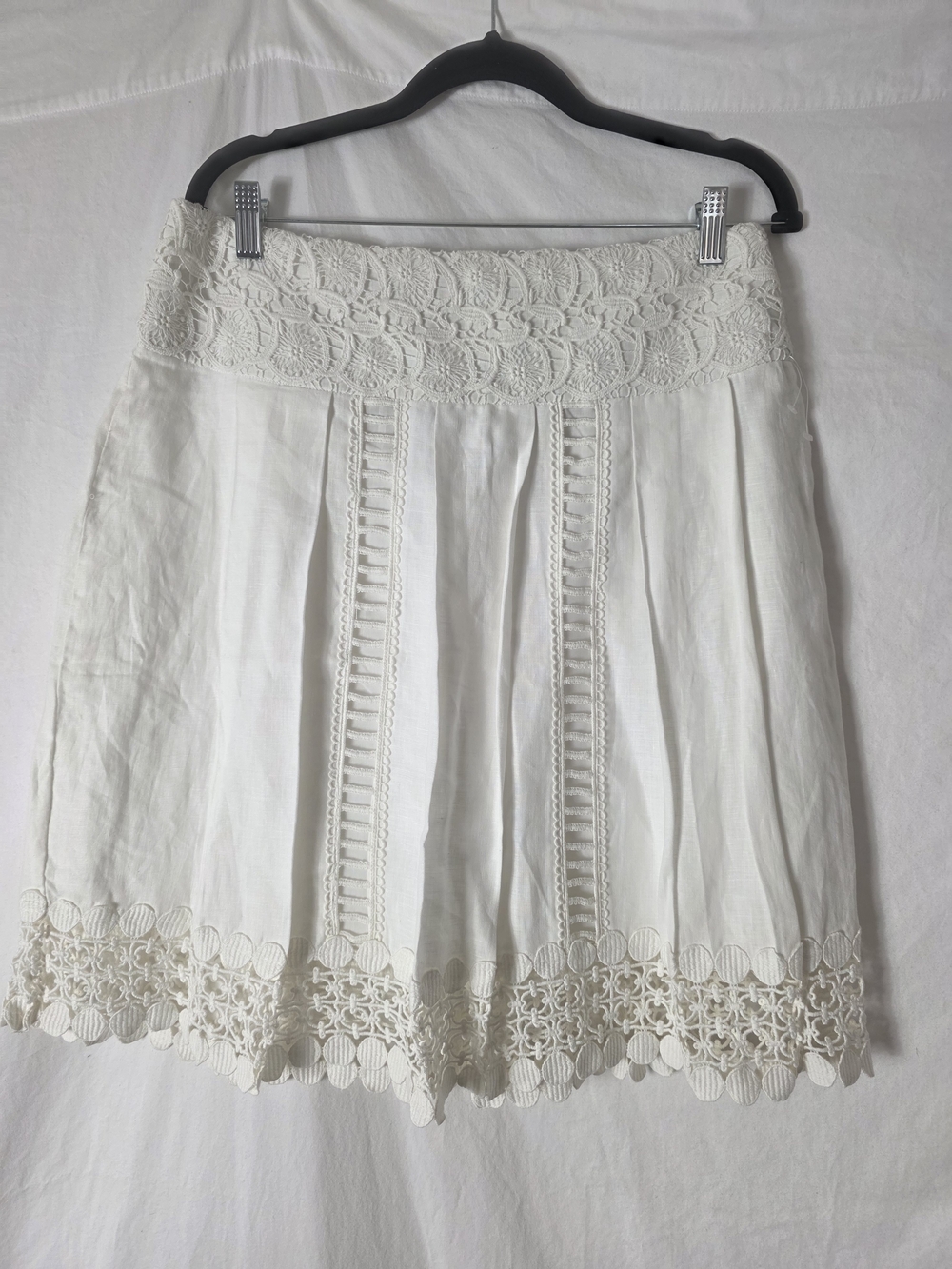 100% Linen White Crochet-Trim A-Line Skirt Size 8 Medium